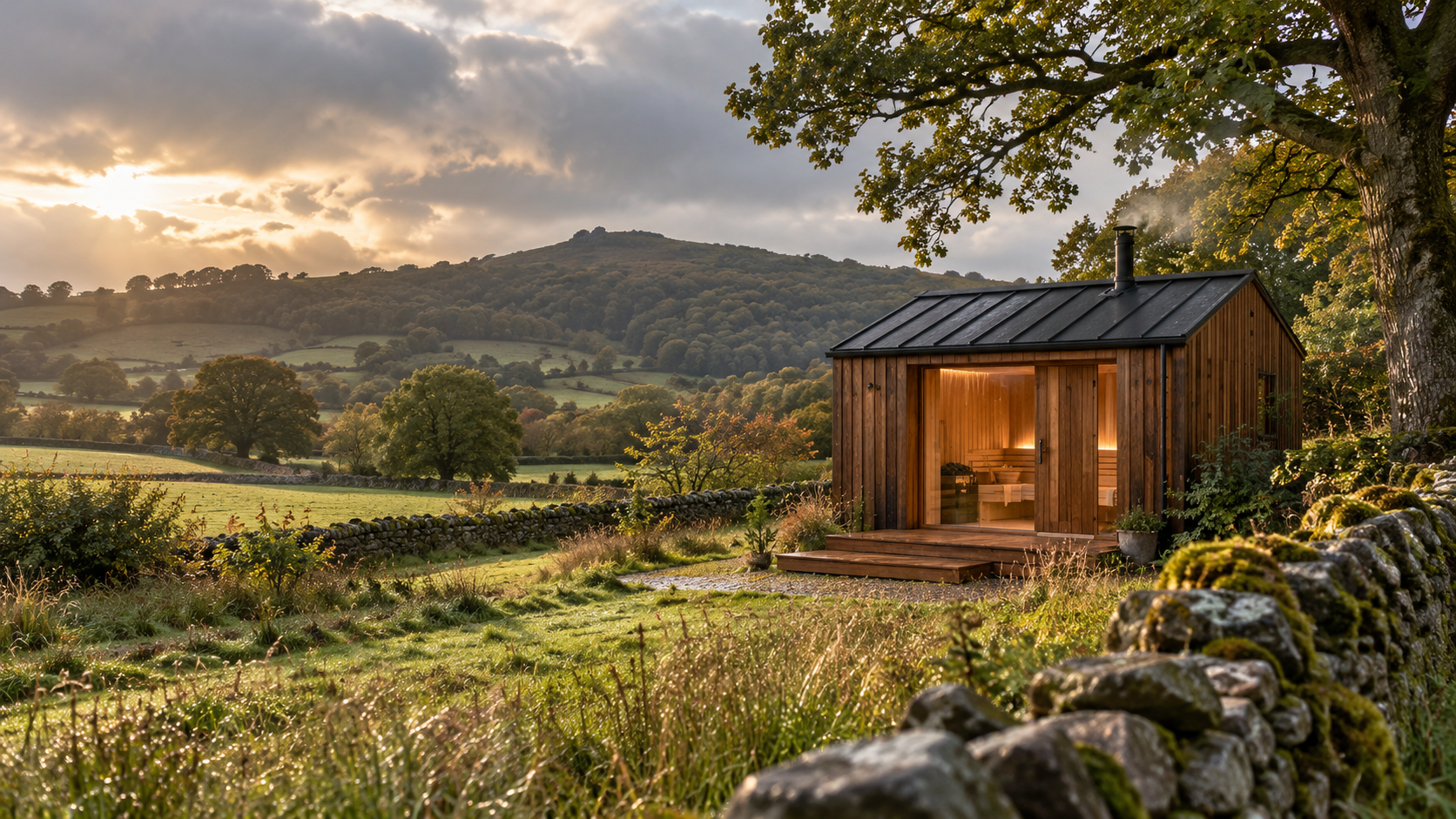 Hand-built timber sauna settled among Shropshire fields and stone walls