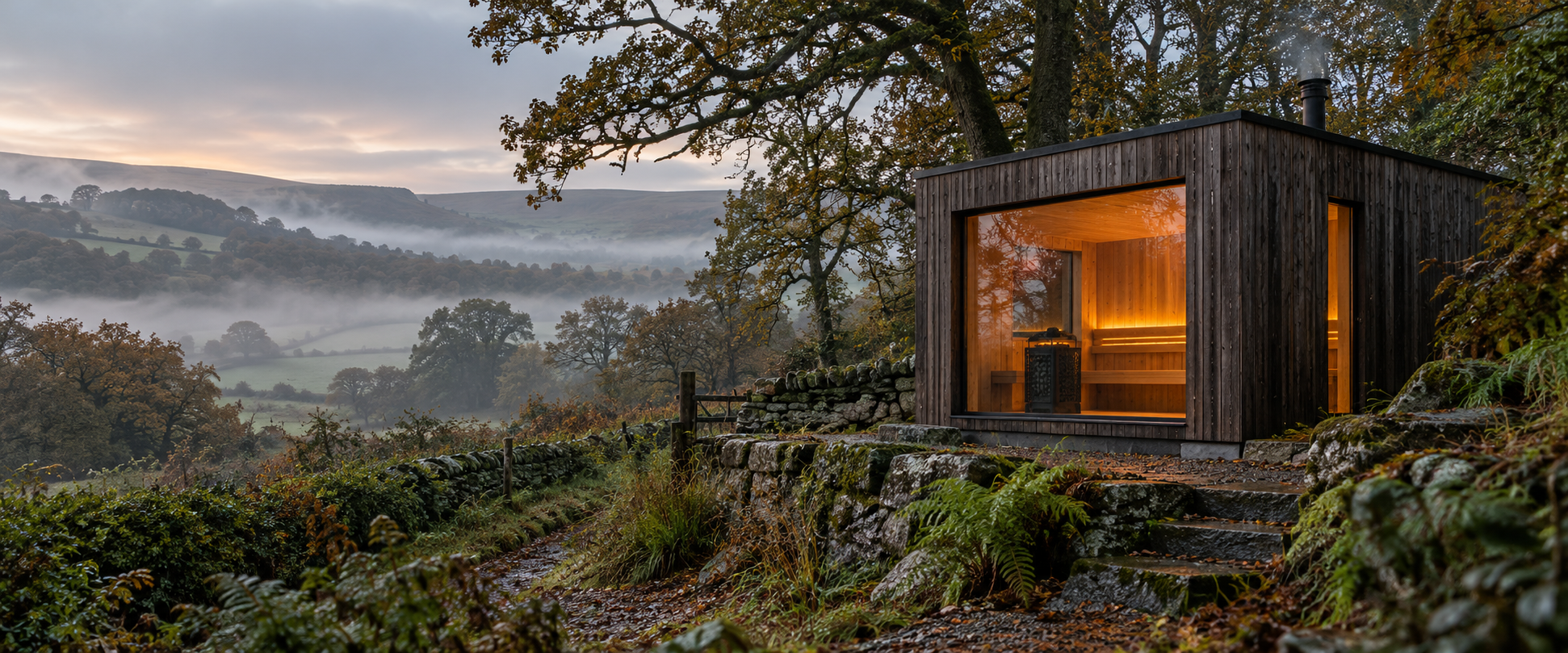 Hand-built timber sauna overlooking misty Shropshire hills