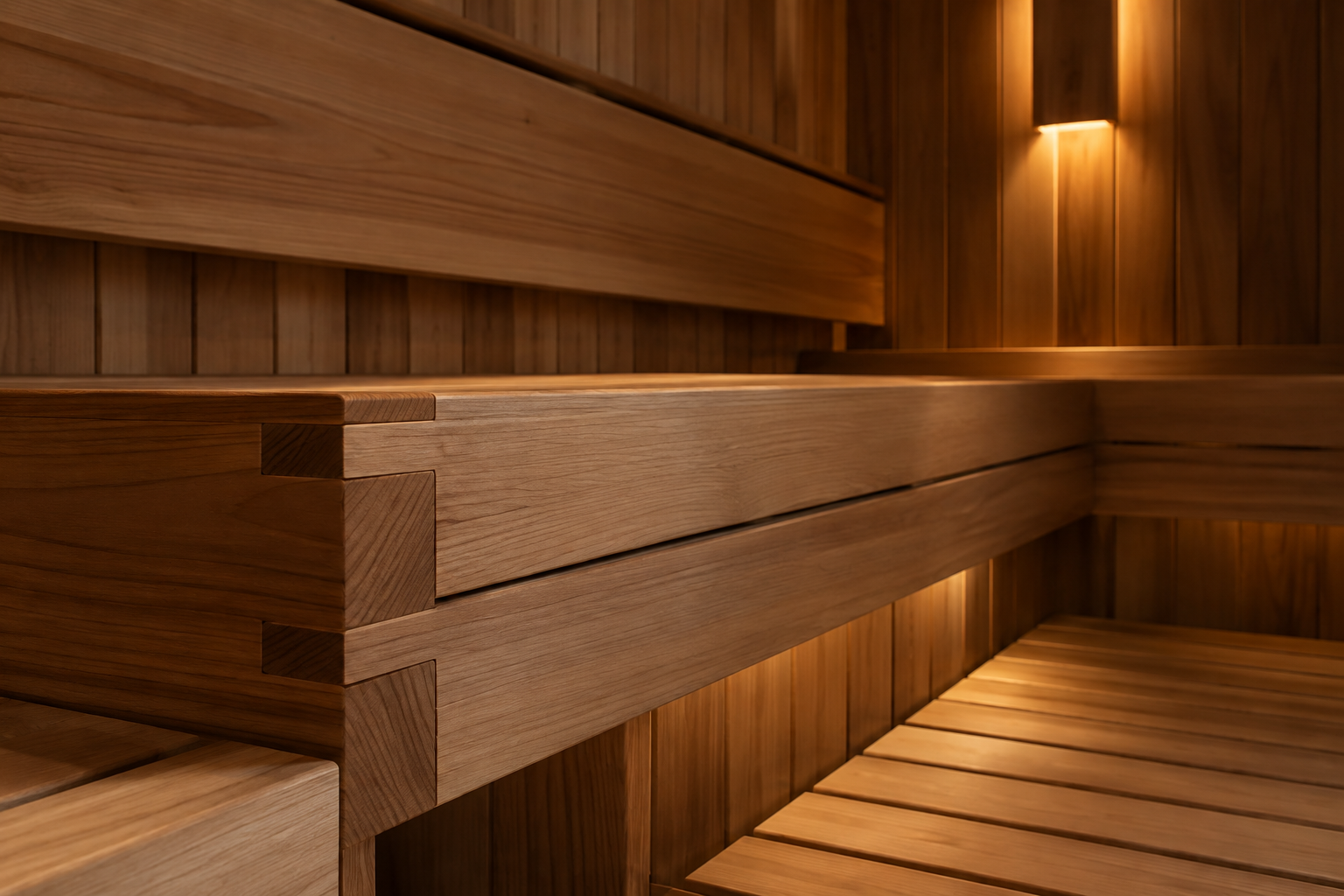 Close detail of crafted timber sauna benches